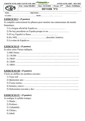 Devoir d'Espagnol Niveau 4 ième Collège Sainte Foi 2021-2022