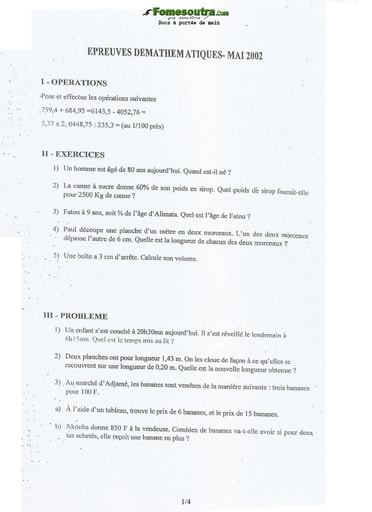 Sujet et corrigé de Mathématiques concours d’entrée à l'EMPT Bingerville 2002