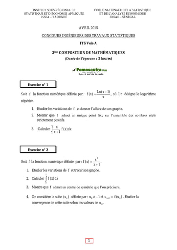 Sujet et Corrigé 2ème épreuve de maths ITS A 2015 (ENSAE - ISSEA)