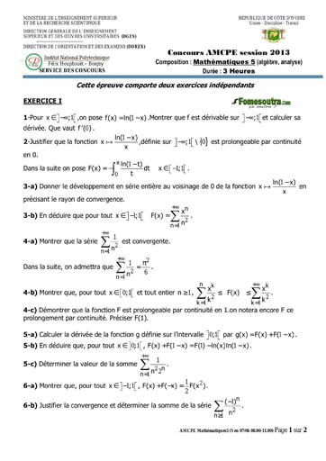 Sujet de Mathématiques 5 concours AMCPE 2013