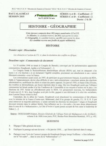 Sujet corrigé et barème d'Histoire et Géographie des BAC A B C et D 2015