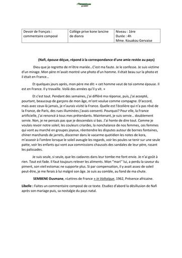 SUJET 1ière Devoir de français 1ère COMMENTAIRE COMPOSE BY TEHUA