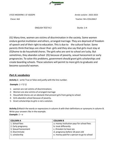 DEVOIR ANGLAIS N°2 NIVEAU 6ième ANNEE 2023 UNIT 2 BY TEHUA