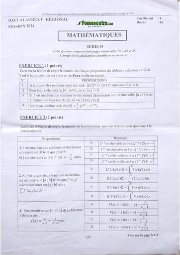 Bac blanc 2024 Maths Série D dren Abidjan 1 (Cocody) by Tehua