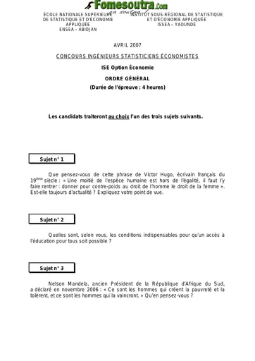 Sujet d'ordre générale ISE option Economie 2007 (ENSEA - ISSEA)