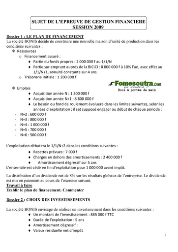 Sujet corrigé de Gestion Financière BTS Finances Comptabilité et Gestion d’Entreprises 2009