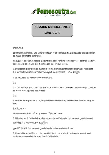 Sujet de Physique-Chimie BAC C et E 2005