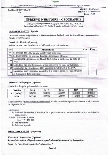 Sujet bac blanc régional drena Abidjan 4 HG sujet By Tehua