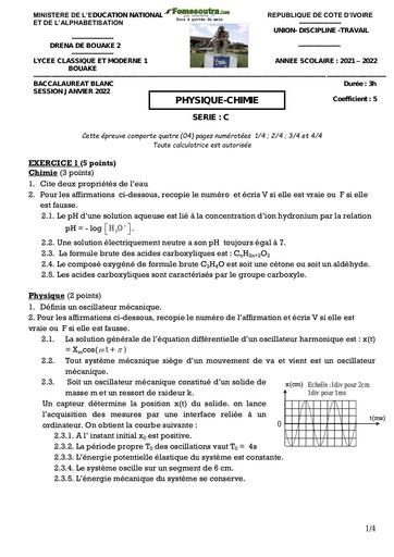 Sujet de Physique-Chimie BAC blanc janvier 2022 série C Lycée Classique et Moderne 1 de Bouaké