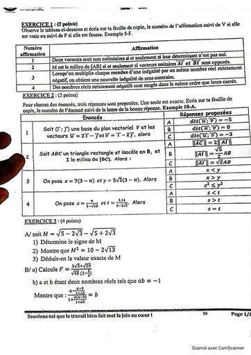 Devoir de niveau de mathématiques 2nde C