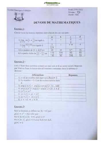 Sujet de Mathématiques Terminale D Lycée Classique 2021-2022