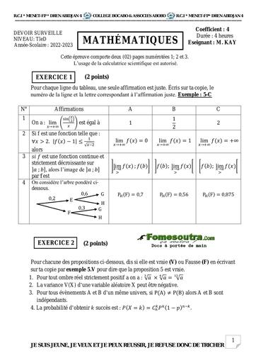 DEVOIR DE MATHS COLLEGE ABIDJAN 4 Tle D