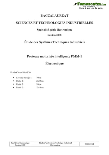Sujet corrigé Porteuse motorisée intelligente PMM-1 - Étude des Systèmes Techniques Industriels - BAC 2008
