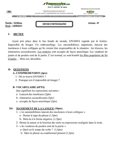 Devoir d'orthographe (dictée-question) - Lycée saint-Ambroise de Grand-Morié