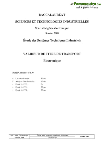 Sujet corrigé Valideur de titre de transport - Étude des système techniques industriels - BAC 2008