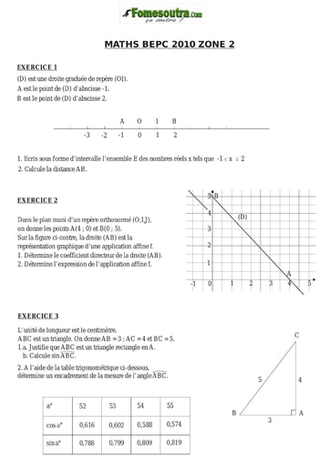 Sujet de mathématique BEPC 2010 Zone 2