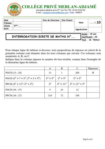 INTERROGATION ECRITE N°1 MATHS 4ième  MERLAN DECEMBRE 2025 (NOMBRES DECIMAUX RELATIFS  PPCM et PGCD) BY TEHUA