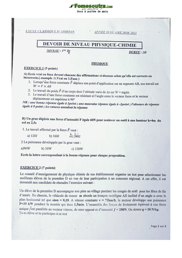 Devoir Physique Chimie Première D Lycée Classique Abidjan 2020-2021