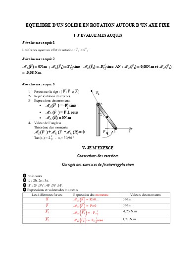 Corrigé leçon 4 Equilibre d'un solide mobile autour d'un axe fixe