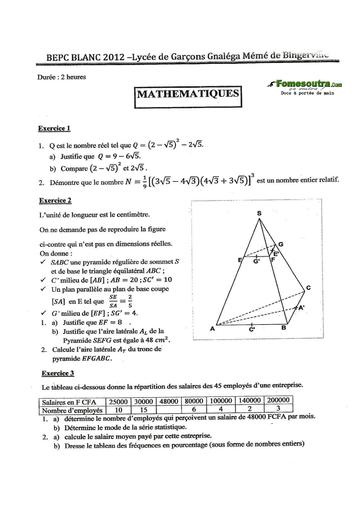 Sujet Maths BEPC blanc 2012 - Lycée Garçons Gnaléga Mémé de Bingerville