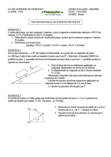 Devoir (3) de Physique-chimie 1ère D Challenge de Dimbokro