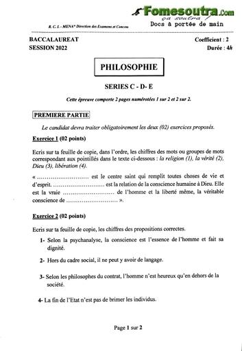 Sujet de Philosophie BAC C D et E 2022