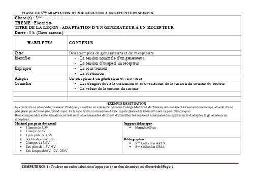 FICHE DE COURS PC 5ième ADAPTATION D’UN GENERATEUR A UN RECEPTEUR by TEHUA
