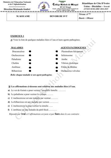 DEVOIR SVT NIVEAU 4ième MALADIES LIEES A L'EAU BY TEHUA