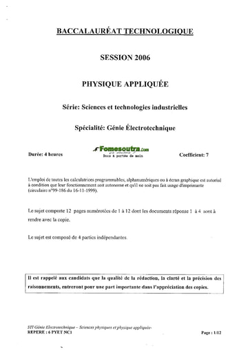 Sujet de Physique Appliquée - BAC Génie Électronique 2006