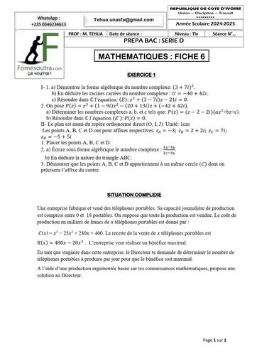 PREPA BAC 2025 SERIE D MATHS FICHE 6 BY TEHUA
