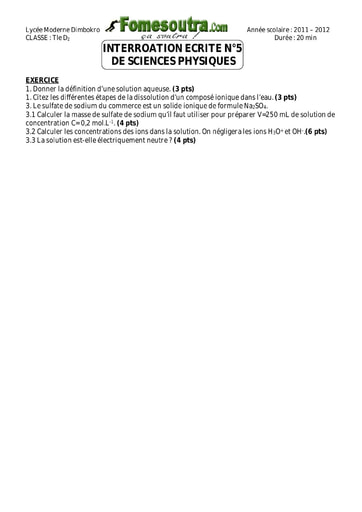 Interrogation 4 de Chimie niveau Terminale D