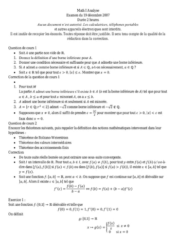 Sujet corrigé de Mathématiques I (Analyse) - Licence Sciences et technologie