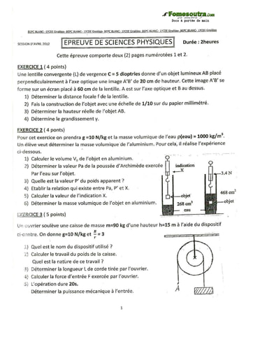 Sujet de physique chimie BEPC blanc Avril 2012 Lycée Garçons de Bingerville