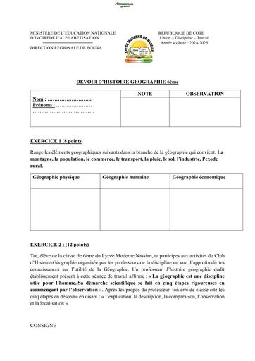 DEVOIR HISTOIRE GEOGRAPHIE NIVEAU 6ième BOUNA BY TEHUA