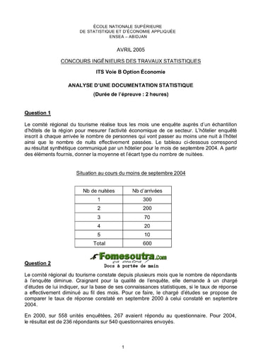 Sujet d' Analyse d'une Documentation Statistique ITS B option Economie 2005 (ENSEA)