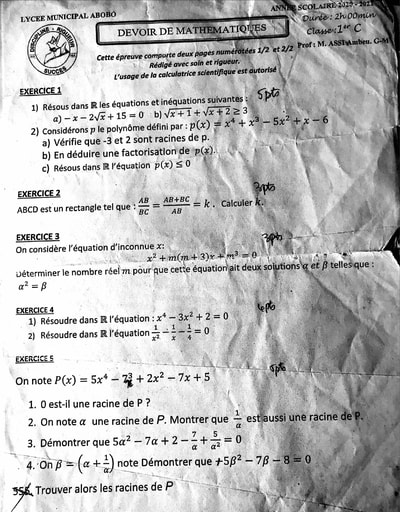 Devoir Mathématiques niveau 1ereC - Lycée Municipal d'Abobo - Année scolaire 2020-2021