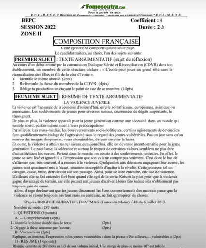 Sujet de Composition Française BEPC 2022 Zone 2