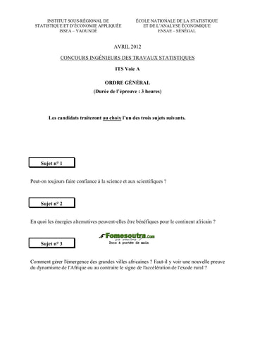 Sujet d'ordre générale ITS A 2012 (ENSAE - ISSEA)