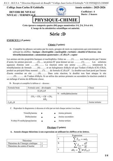 Devoir de niveau N°2 PC Tle D 2025 2026 1er Trimestre By Tehua