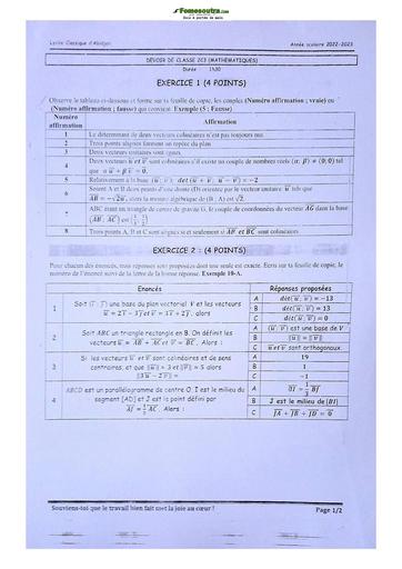 Sujet de Mathématiques Seconde C Lycée Classique Abidjan  2023