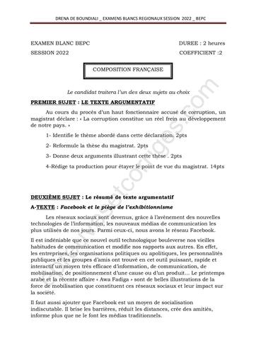 SUJET BEPC BLANC 2022 COMPOSITION FRANCAISE REGIONAL DE BOUNDIALI COTE D'IVOIRE