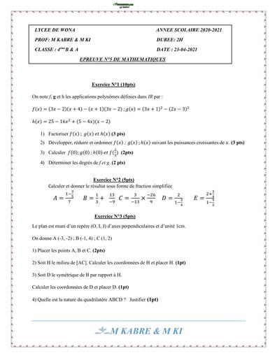 DEVOIR DE MATHS NIVEAU 4ième N°5 LYCEE DE WONA 2021 BY TEHUA