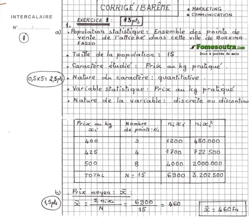 Corrigé Statistique Descriptive Licence Professionnelle 1ere année - PIGIER