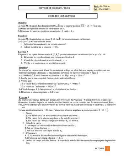 Support de cours 1 Cinématique PC Tle D by TEHUA