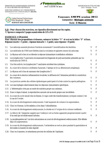 Sujet de Biologie animale concours AMCPE 2015