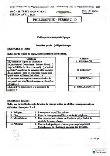 Bac blanc internet je teste mon niveau avril 2025 collège sainte foi ABOBO SUJET PHILOSOPHIE serie CD by TEHUA