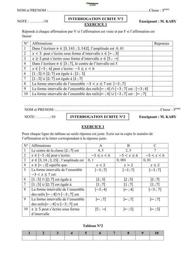 INTERRO ECRITE DE MATHS NIVEAU 3ieme COLLEGE SAINTE MOISE BY TEHUA