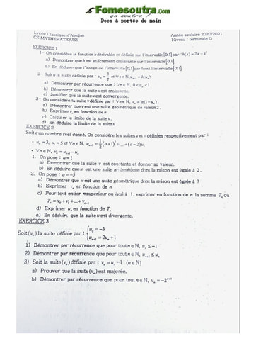 Sujet de Mathématiques Terminale D Lycée Classique