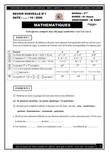 DEVOIR DE MATHS N°1 NIVEAU 3ème (calcul littéral) 2025 2026 by TEHUA