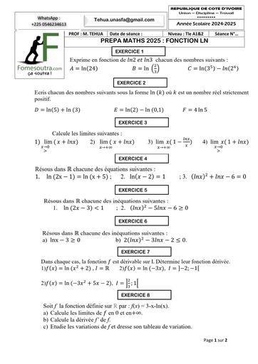 PREPA BAC 2025 MATHS SERIE A1&A1FICHE FOCTION LN  AVRIL 2025 BY TEHUA